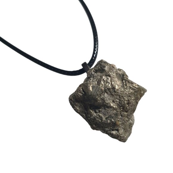 Raw Pyrite Stone Necklace Adjustable Black Cord Lobster Clasp Minimalist Design - Picture 1 of 5